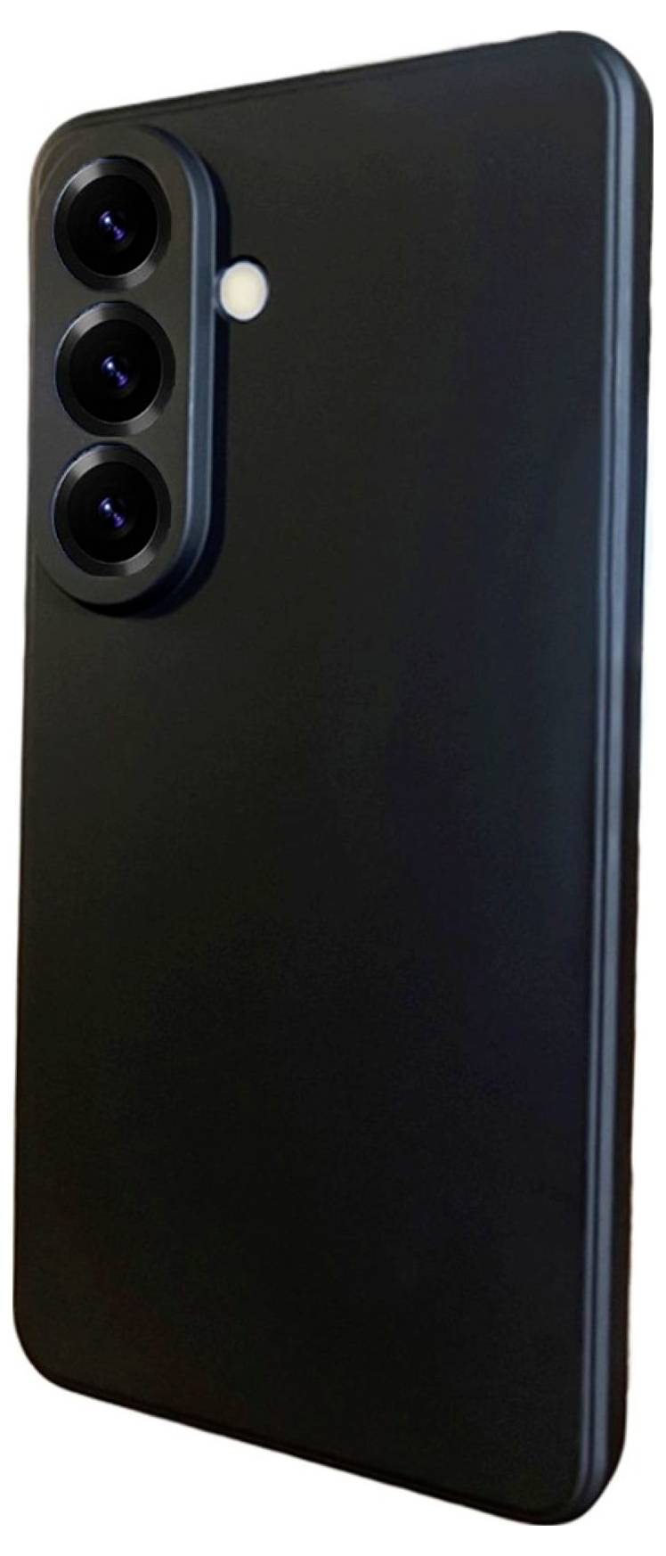 Ein elegantes schwarzes Smartphone mit drei hinteren Kameras und einem Blitz, von hinten betrachtet.