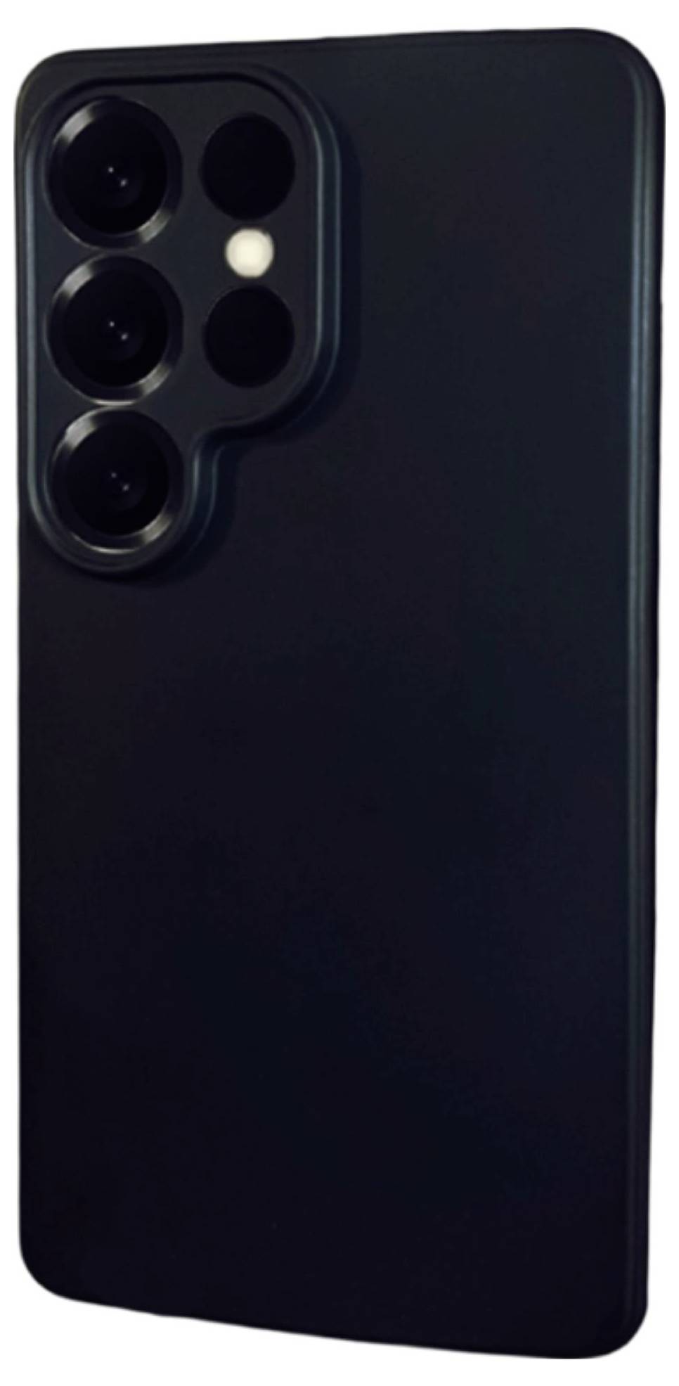 Ein schwarzes Smartphone mit drei rückwärtigen Kameras und einem Blitz, angeordnet in einem rechteckigen Modul in der oberen linken Ecke.