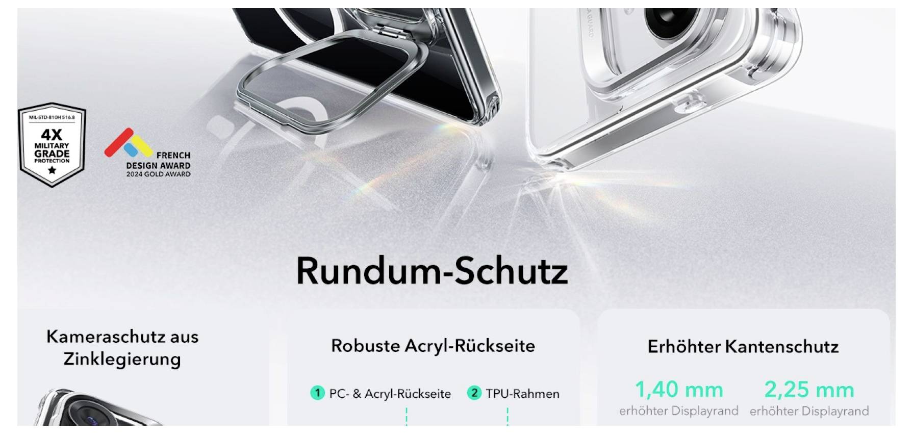 'Rundum-Schutz' in großen Buchstaben, darunter Schutzmerkmale eines Handy-Cases: Kameraschutz aus Zink, robuste Acryl-Rückseite, erhöhter Kantenschutz.