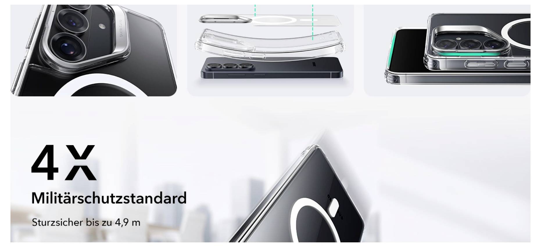 'Handyhülle mit vierfacher Militärschutzstandard, sturzsicher bis zu 4,9 m. Mehrere Ansichten der robusten Hülle.'