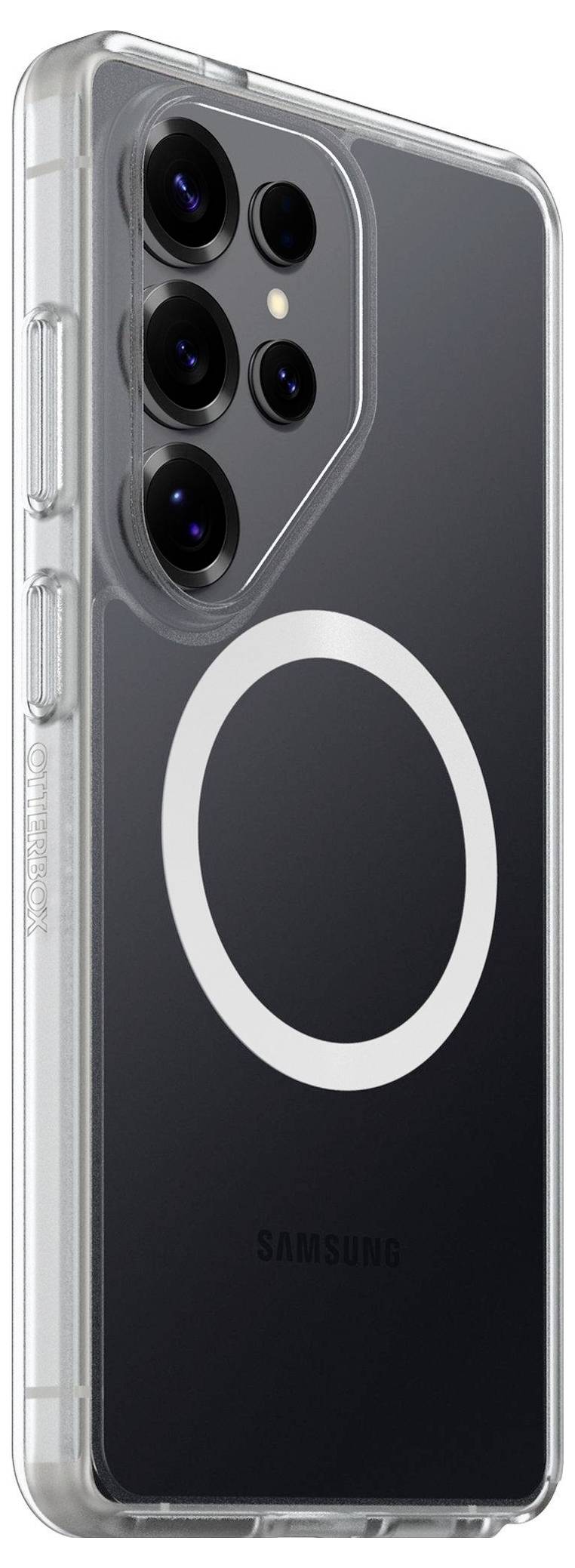 Ein schwarzes Smartphone mit einer durchsichtigen Hülle und einem kreisförmigen weißen Design auf der Rückseite, das seine Kameraobjektive und sein elegantes Design hervorhebt.