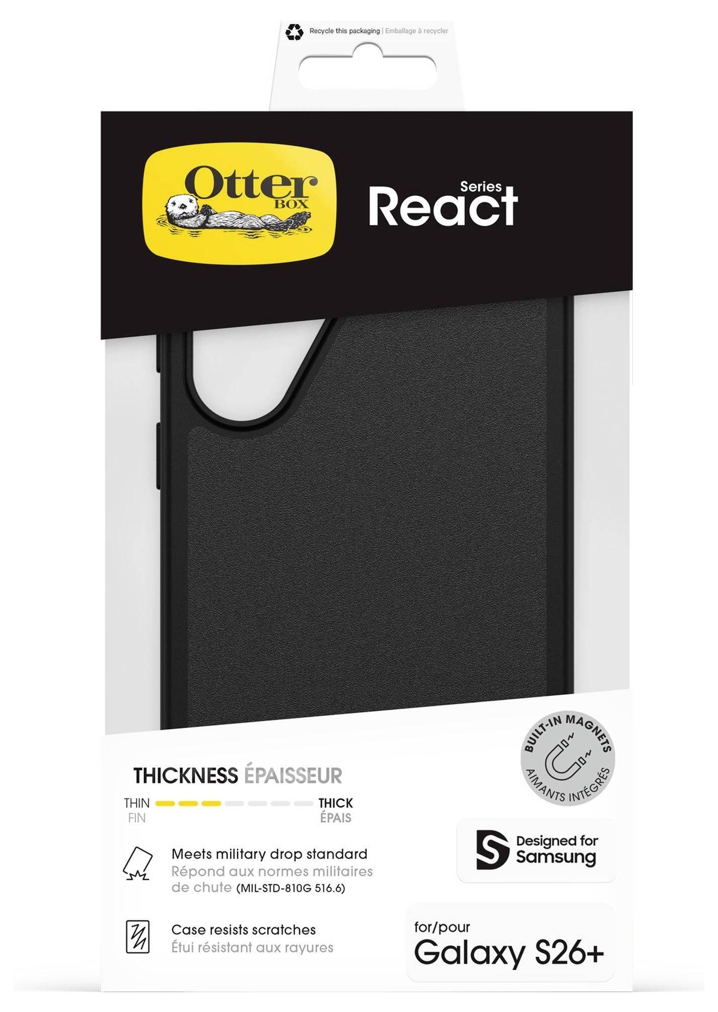 „OtterBox React Series Schutzhülle für Galaxy S26+. Bietet Kratzfestigkeit, Erfüllung des Military-Drop-Standards und schlankes Design."
