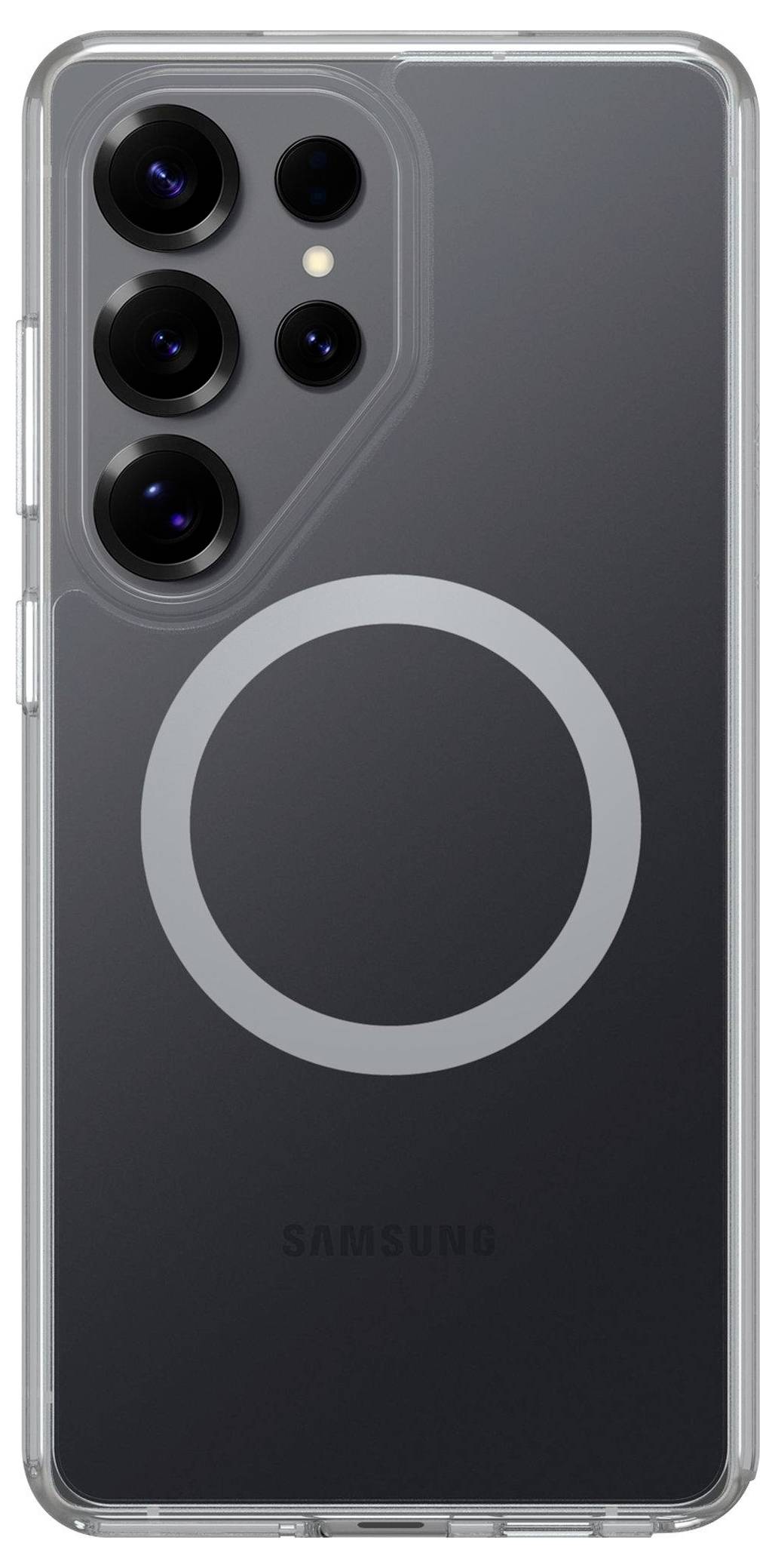 Durchsichtiges Handyhülle mit ringförmigem Design für kabelloses Laden, mit präzisen Aussparungen für Kamera und Tasten, entwickelt für Samsung Galaxy.