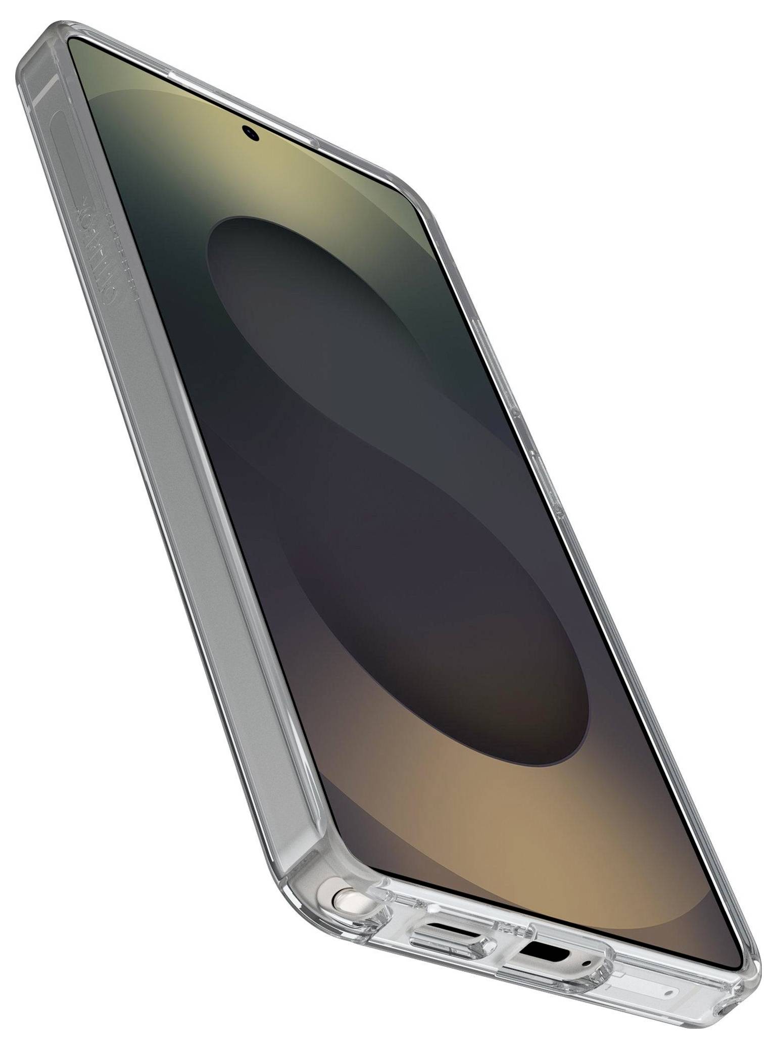 Transparente Handyhülle mit kreisförmigem Magnetring auf der Rückseite, schwarzes Telefon mit Quad-Kamera-Setup im Inneren.