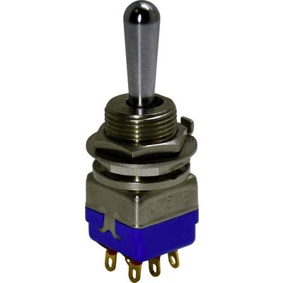 Ein metallischer Kippschalter mit blauer Basis und sechs goldenen Stiften am unteren Ende, üblicherweise in elektronischen Geräten zur Schaltkreissteuerung verwendet.