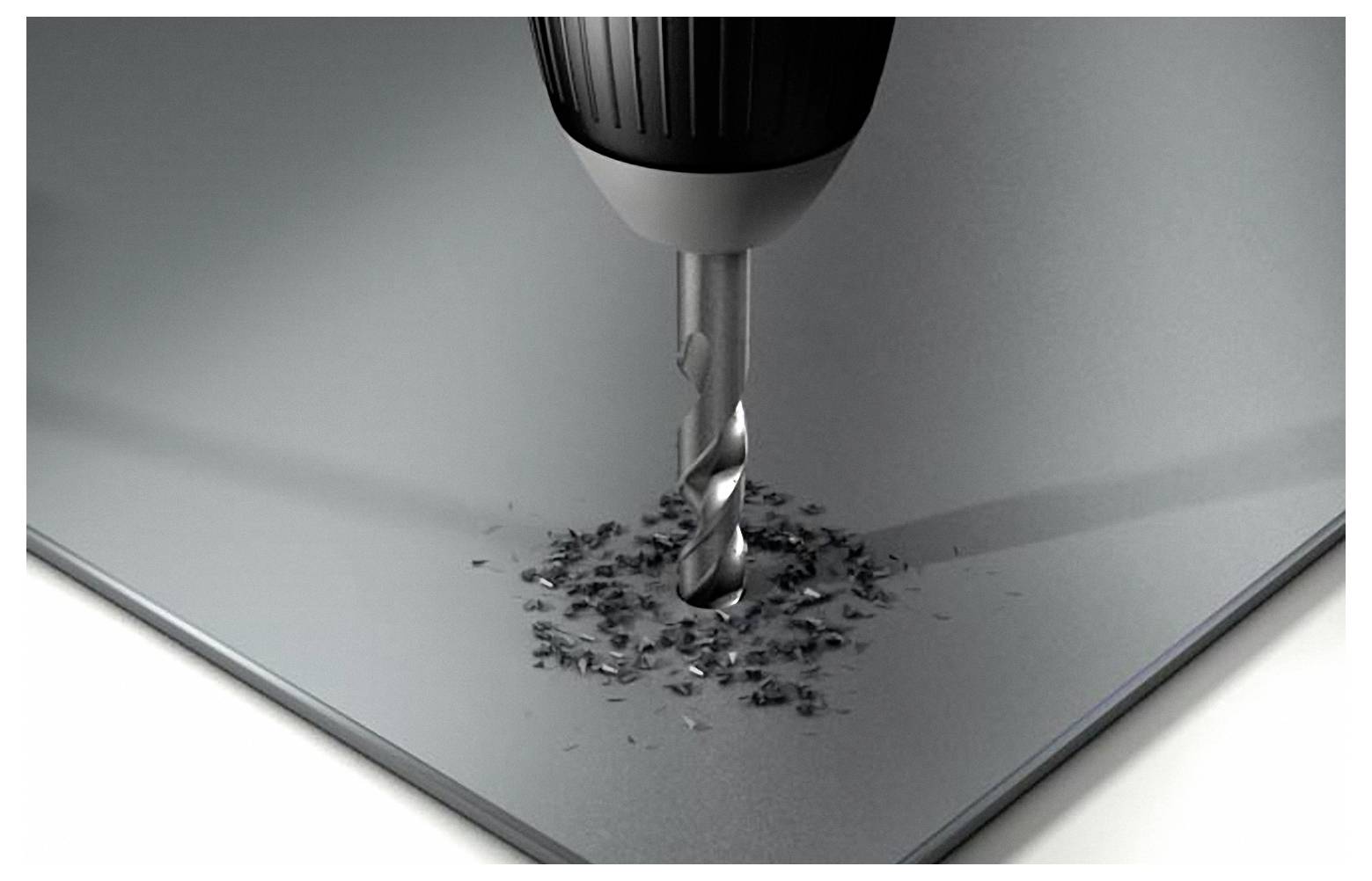 Ein Bohrer wird gezeigt, der ein Loch in eine Metalloberfläche bohrt, umgeben von Metallspänen, was den Prozess des Metallbohrens verdeutlicht.