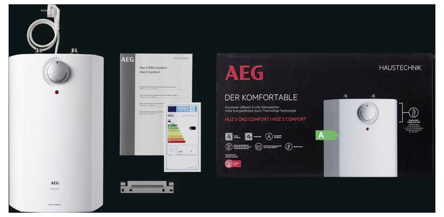 AEG Warmwasserspeicher mit Verpackung, Energieeffizienzlabel und Benutzerhandbuch sowie Montagezubehör. Umweltfreundliche Energieeffizienzklasse „A" hervorgehoben.