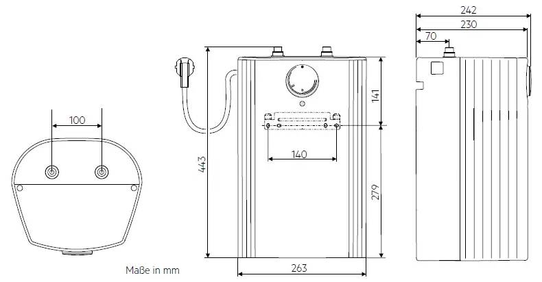 „Technisches Diagramm eines Geräts mit Abmessungen in Millimetern: 263 Breite, 443 Höhe, 242 Tiefe. Vorder-, Seiten- und Draufsichten enthalten."