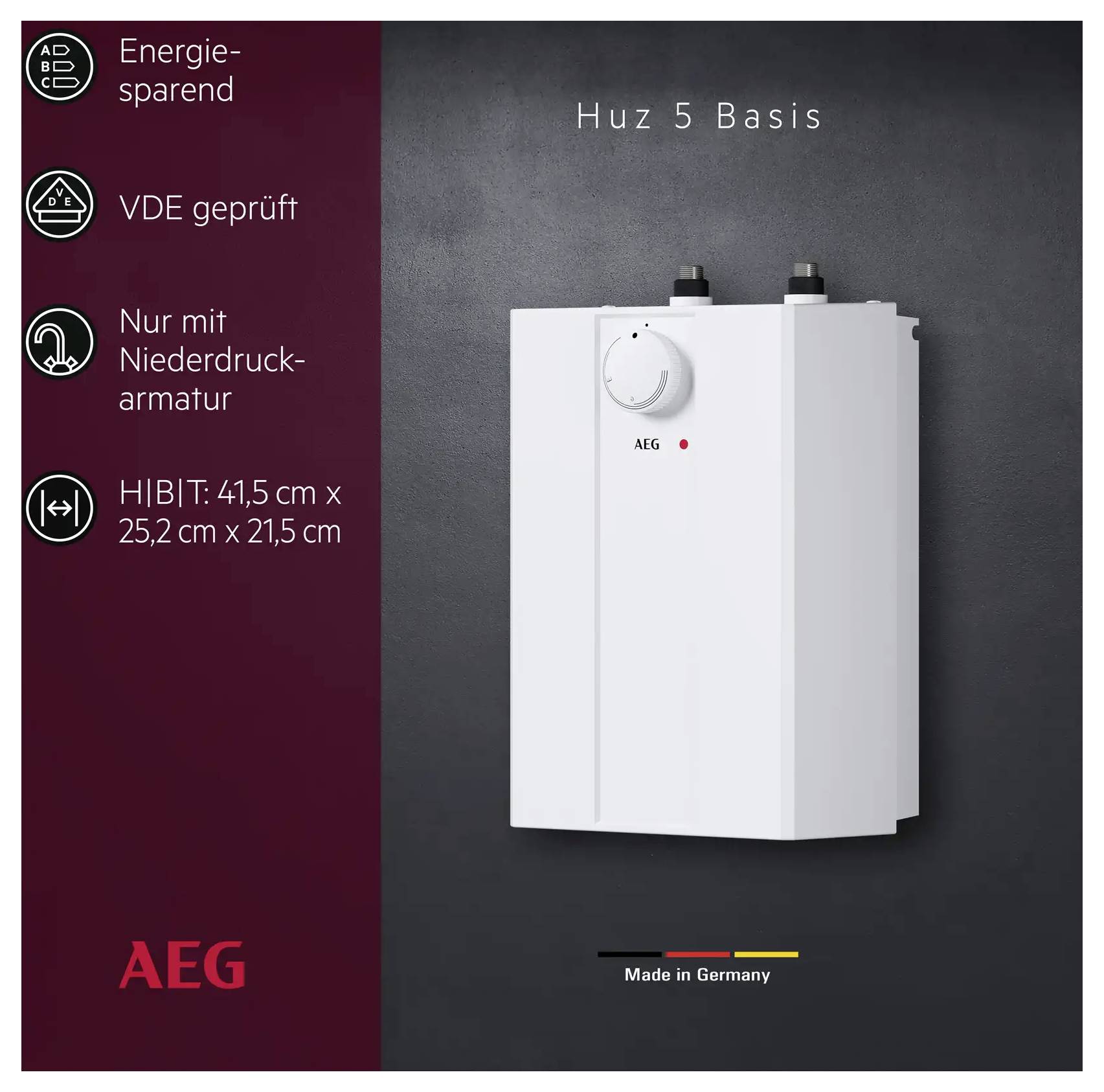 „Energiesparend" Elektro-Warmwasserbereiter, wandmontiert, weiß, mit Drehknopf. Die Spezifikationen umfassen Größe, Drucktyp und VDE-Zulassung. Hergestellt in Deutschland.