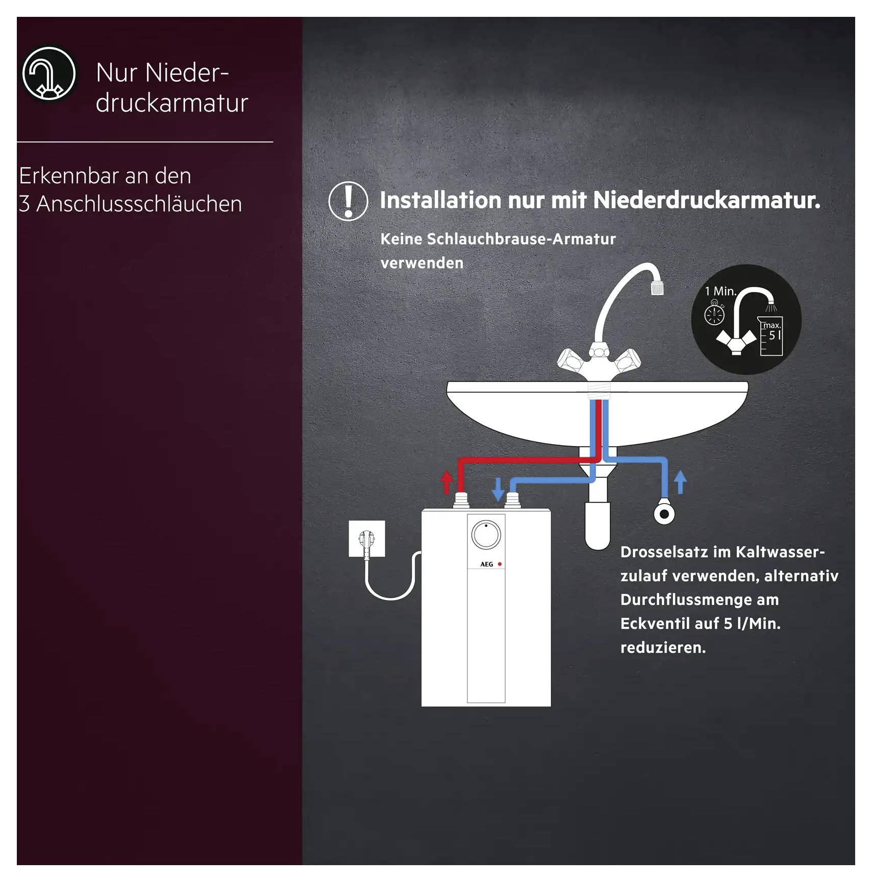 Diagramm einer Sanitärinstallation für ein Niederdruckarmaturen-System mit Wasserspeicher und Spülenverbindung. Der Text empfiehlt die ausschließliche Verwendung von Niederdruckarmaturen und einen Regler auf 5 l/min für kaltes Wasser.