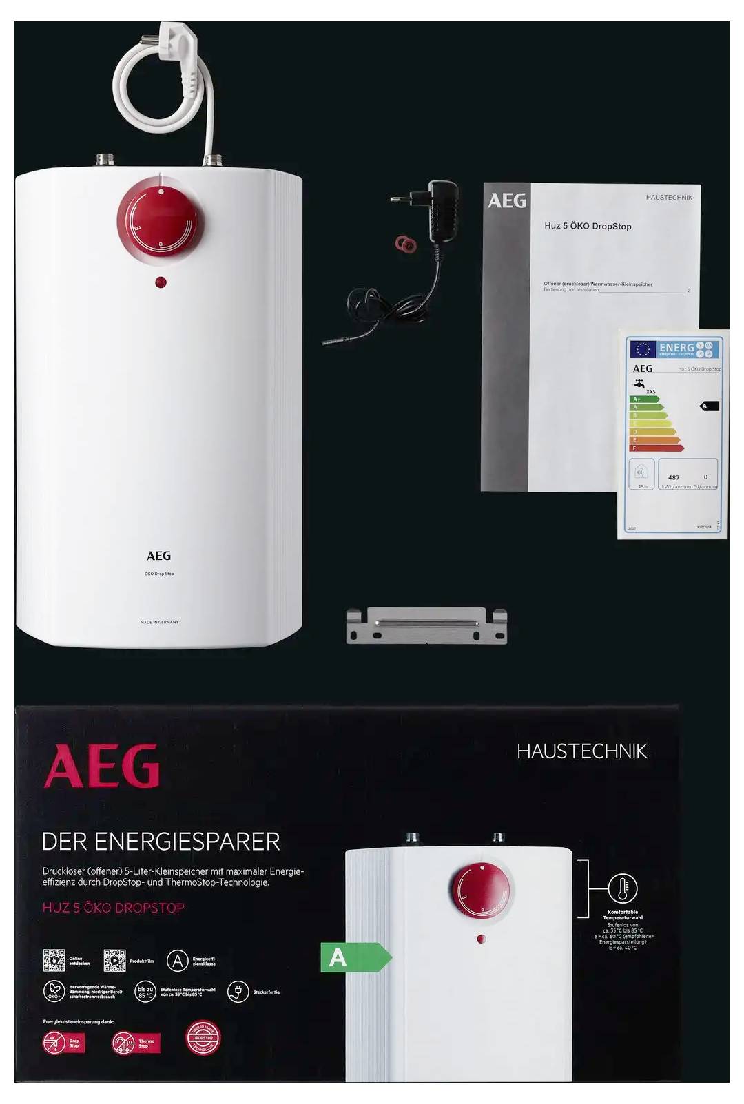 Verpackung des „AEG Energiesparer"-Warmwasserbereiters mit dem Gerät, Installationskit, Bedienungsanleitung und Energieeffizienzlabel mit Angabe der Energieeffizienz.