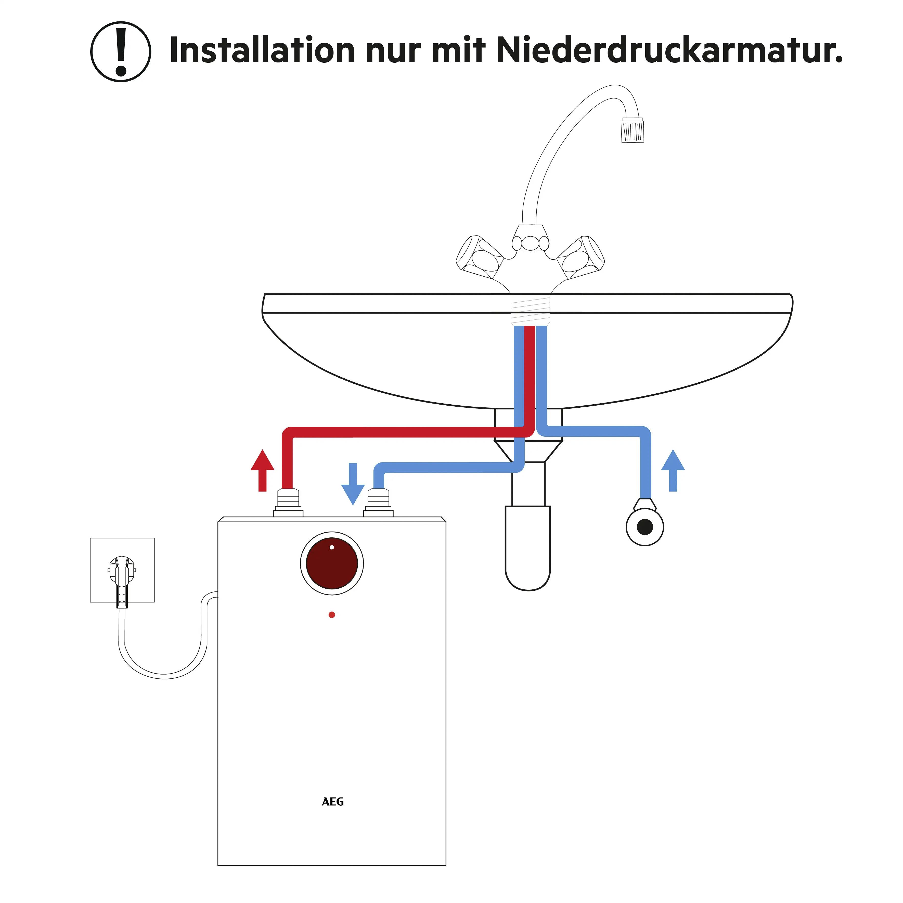 Diagramm einer Spüleninstallation mit spezieller Niederdruckarmatur. Die Beschriftungen zeigen Warmwasser- und Kaltwasserverbindungen an. Vorsicht wird hingewiesen.