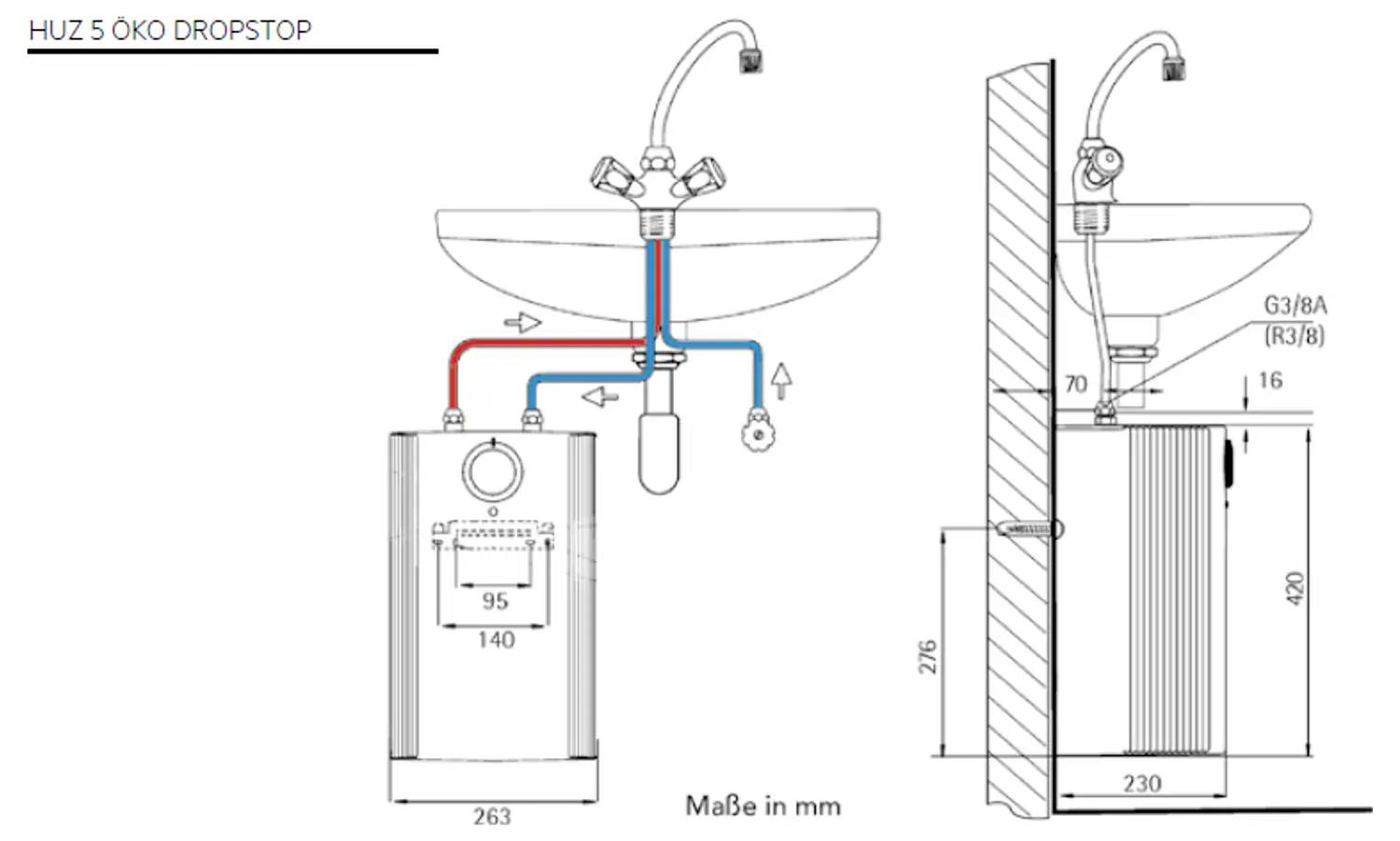 Diagramm einer Sanitäranlage mit einem Waschbecken mit verbundenen Rohren, gekennzeichnet in Rot und Blau für Warm- und Kaltwasser, verbunden mit einem Heizer.