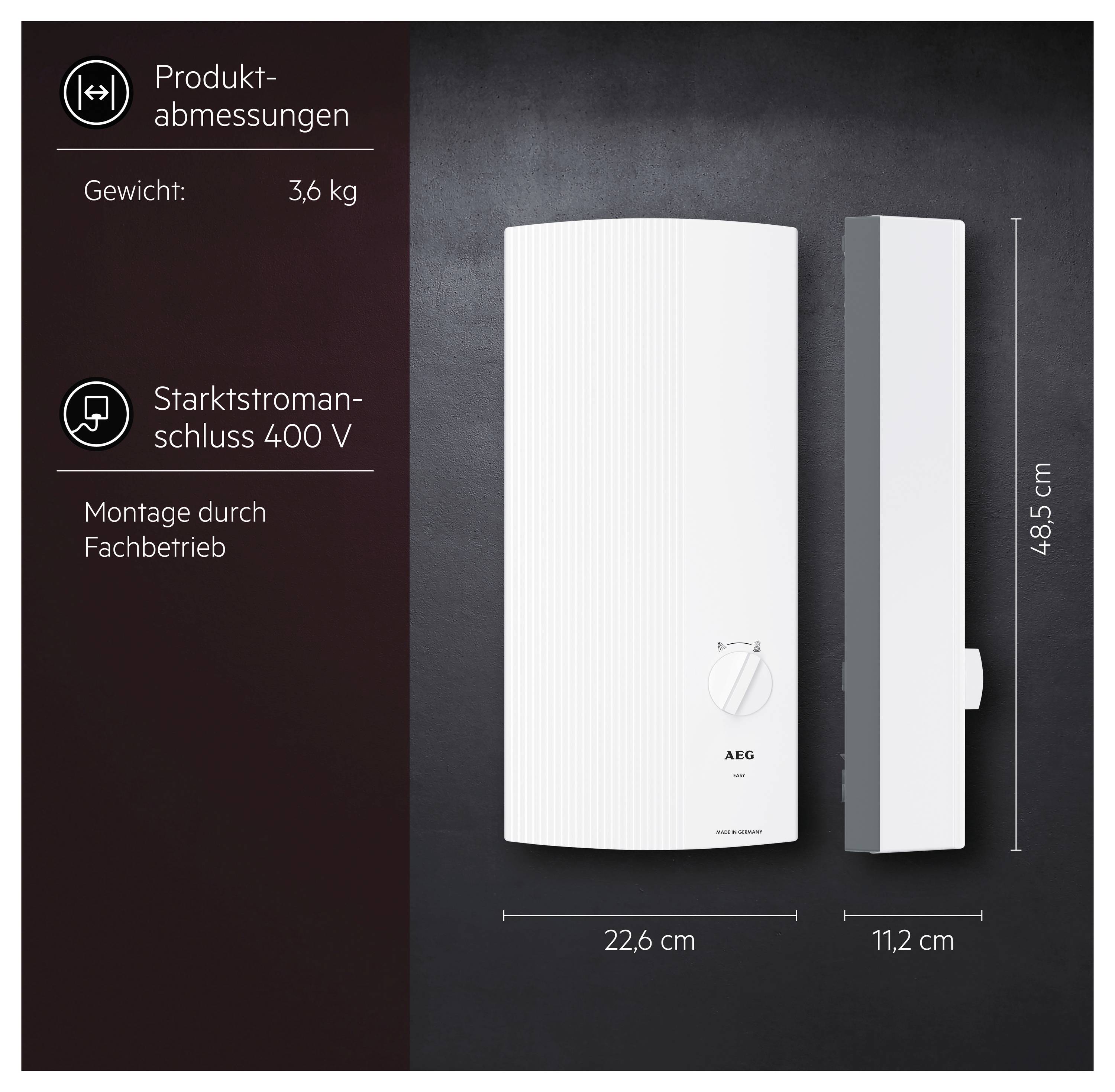 Produktabbildung mit Maßangaben für einen AEG-Warmwasserbereiter: 48,5 cm hoch, 22,6 cm breit, 11,2 cm tief; Gewicht 3,6 kg, Starkstromanschluss 400 V, Montage durch Fachbetrieb.