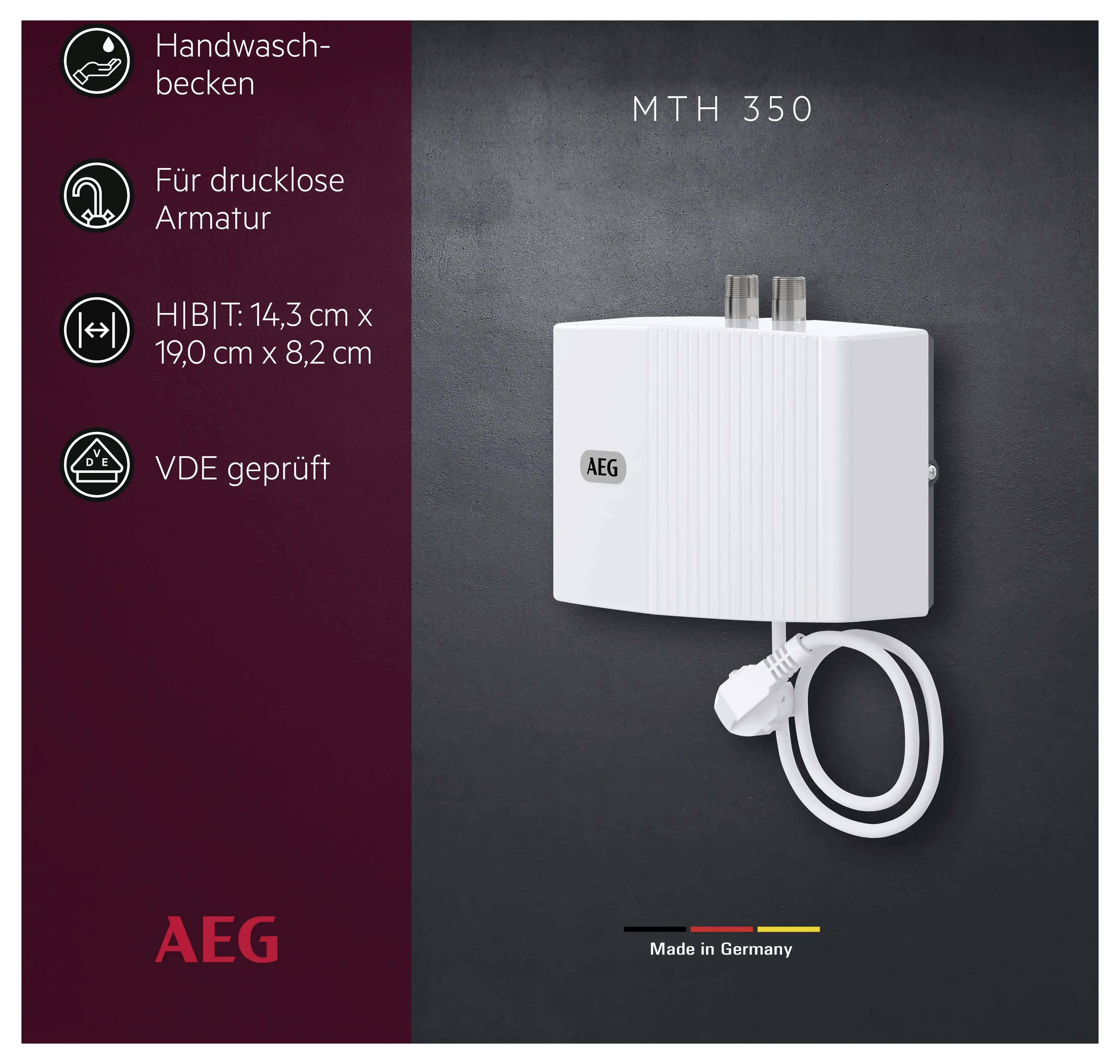 „AEG MTH 350" wandmontierter Warmwasserbereiter auf schwarzem Hintergrund, mit der Bezeichnung „Made in Germany". Zu den Funktionen gehören Spülenkompatibilität und drucklose Armatur. Abmessungen: 14,3 cm x 19,0 cm x 8,2 cm. VDE-zertifiziert.