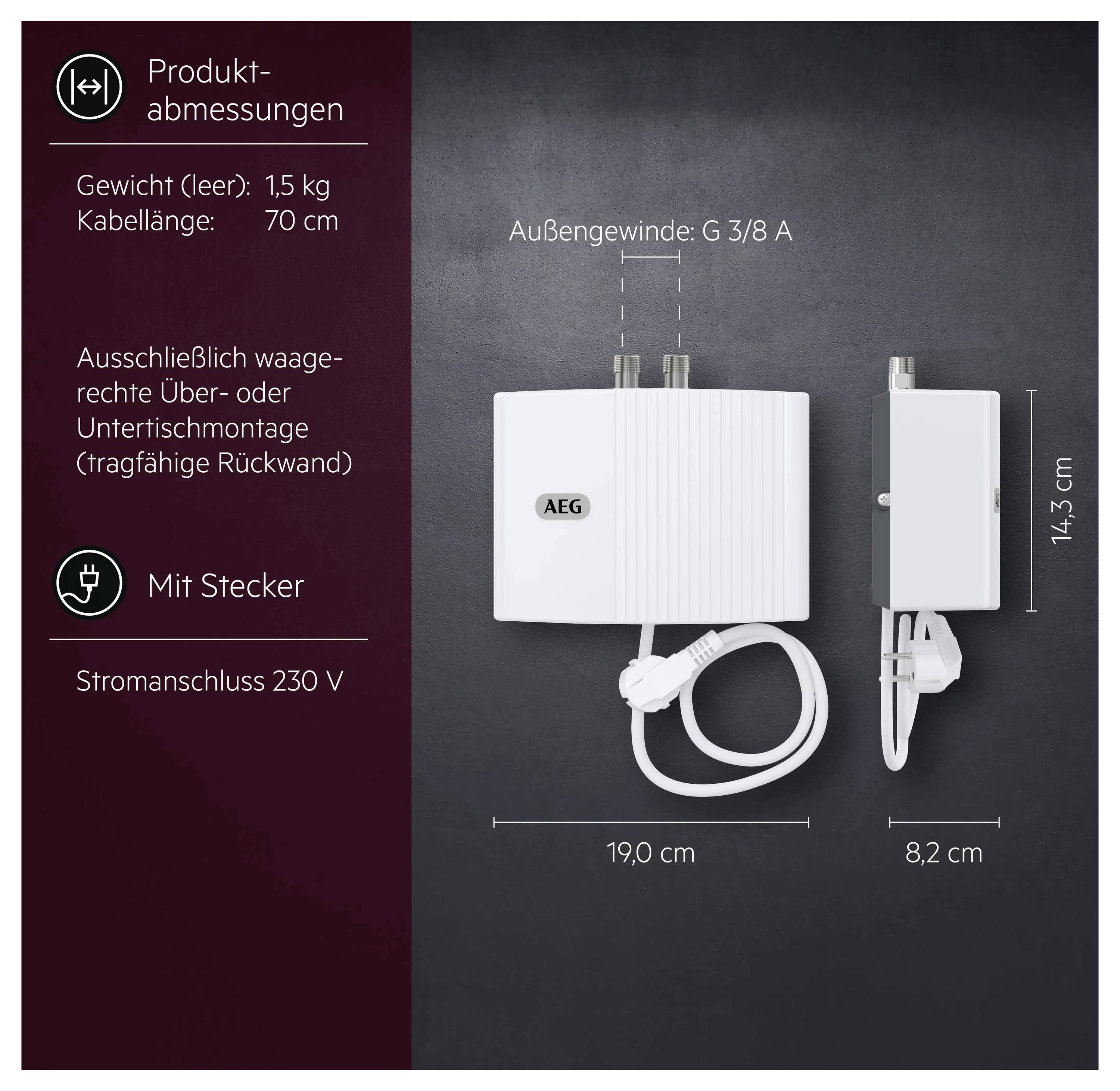AEG Durchlauferhitzer mit Stecker, 230 V: Produktabmessungen - Gewicht (leer): 1,5 kg, Kabellänge: 70 cm. Wandmontage erforderlich.