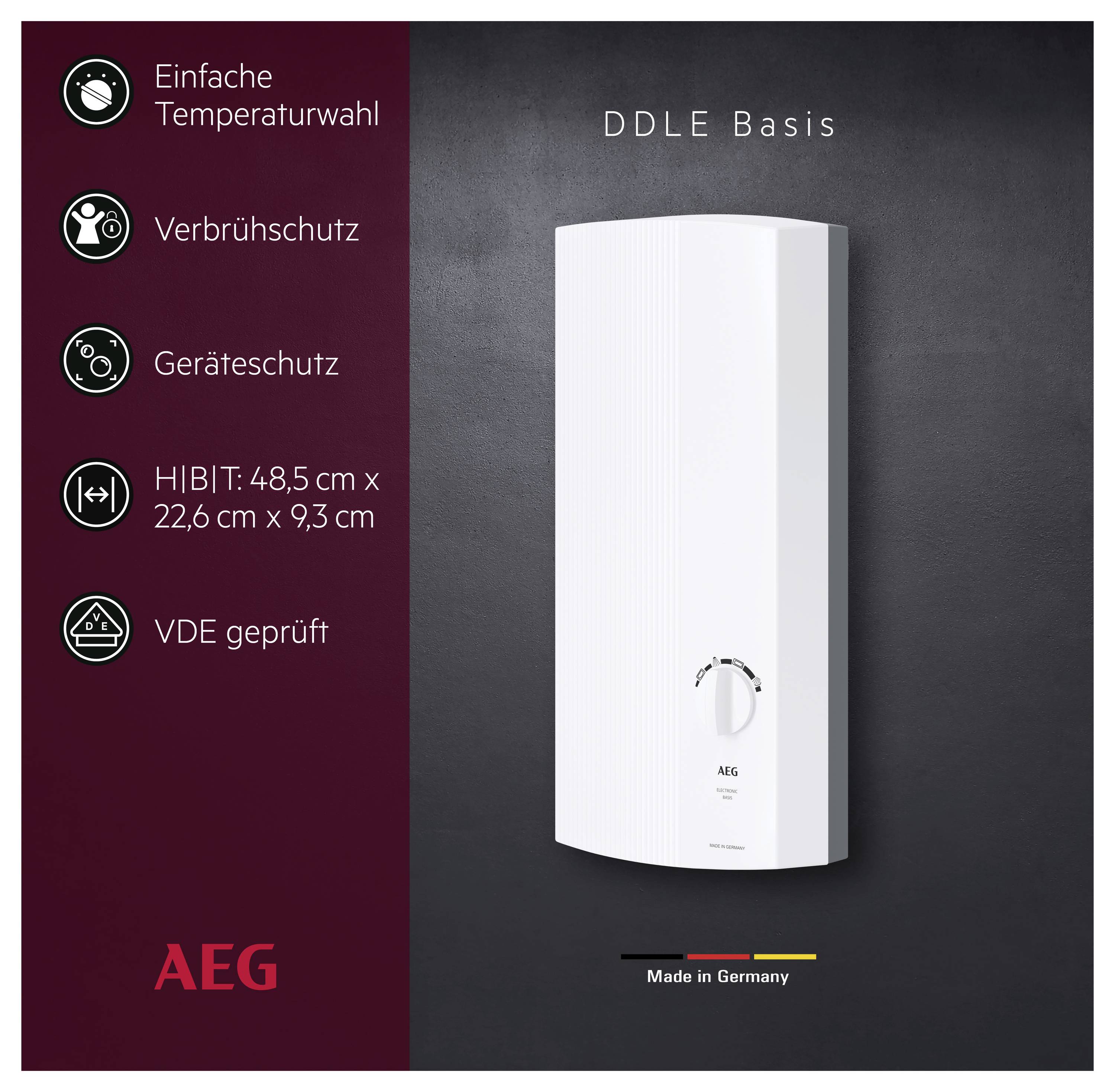Produktbild eines weißen AEG-Durchlauferhitzers 'DDLE Basis' mit Hinweisen zu Temperaturwahl, Verbrühschutz, Geräteschutz, Maßen und VDE-Prüfung.<br>
