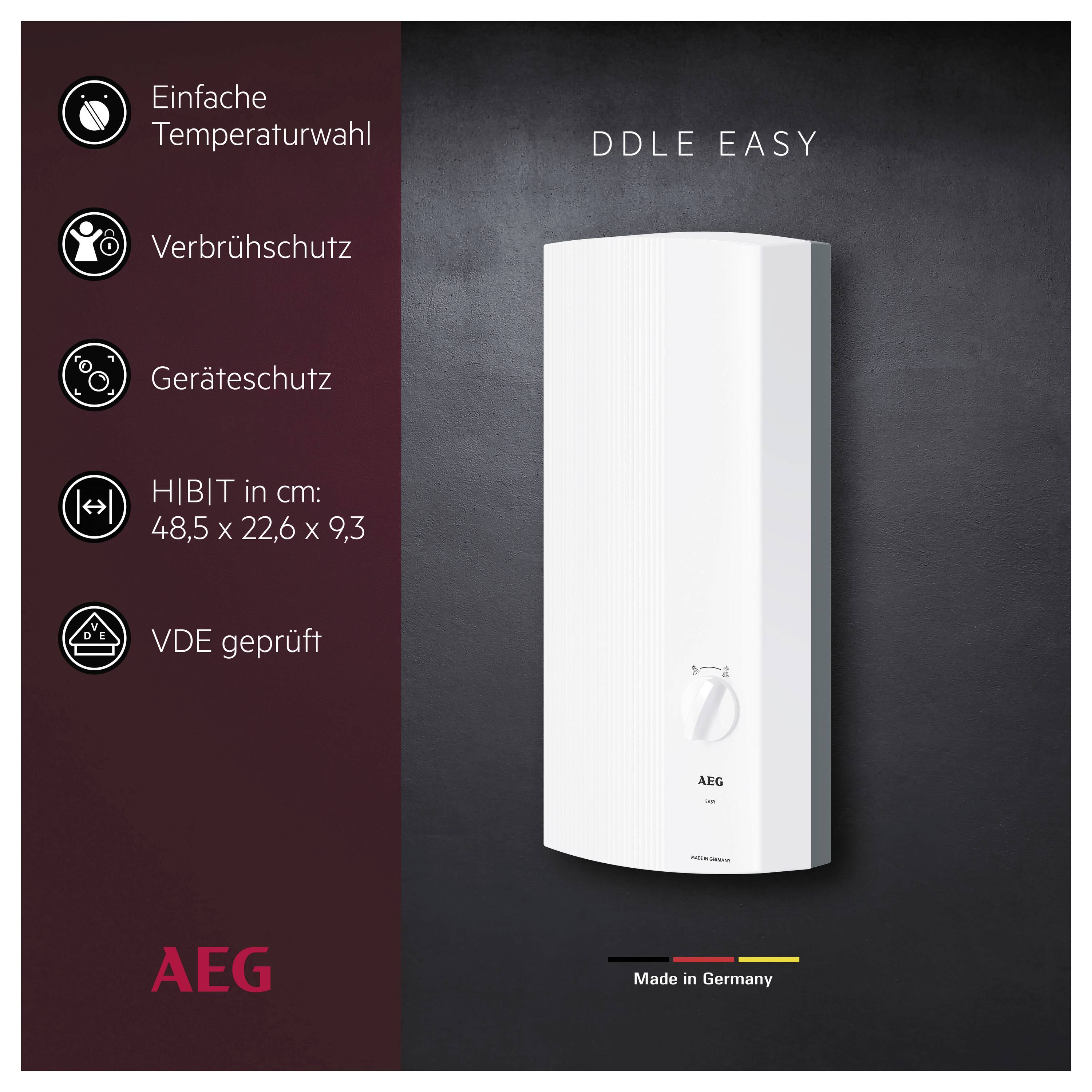 Produktbild eines AEG Durchlauferhitzers 'DDLE EASY' mit Symbolen für einfache Temperaturwahl, Verbrühschutz, Geräteschutz, Maße 48,5 × 22,6 × 9,3 cm und VDE-Prüfung.
