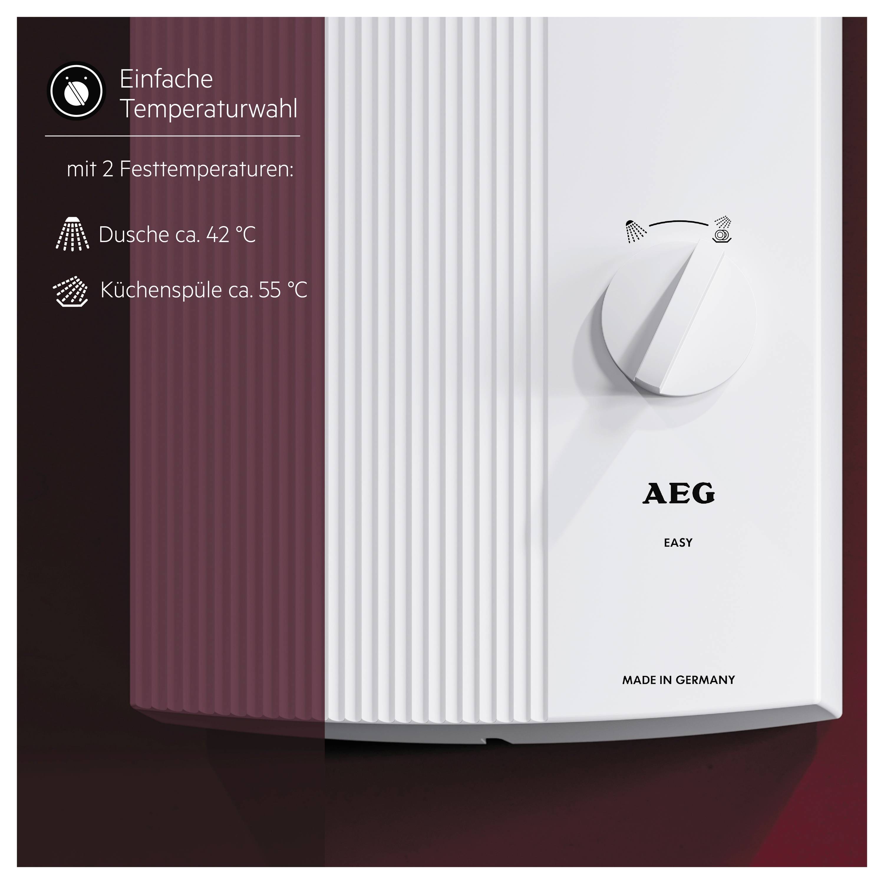 AEG Warmwassergerät mit einfachem Temperaturwahl-Drehregler und 2 Festtemperaturen: Dusche ca. 42 °C, Küchenspüle 55 °C.
