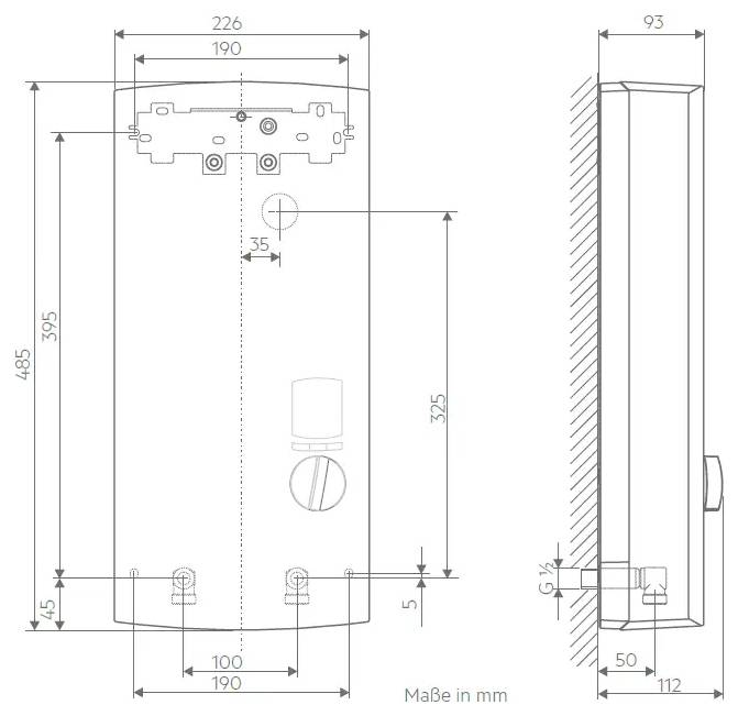 Technische Zeichnung eines rechteckigen Geräts mit Vorder- und Seitenansicht, Abmessungen in Millimetern gekennzeichnet, zeigt Installationsdetails.