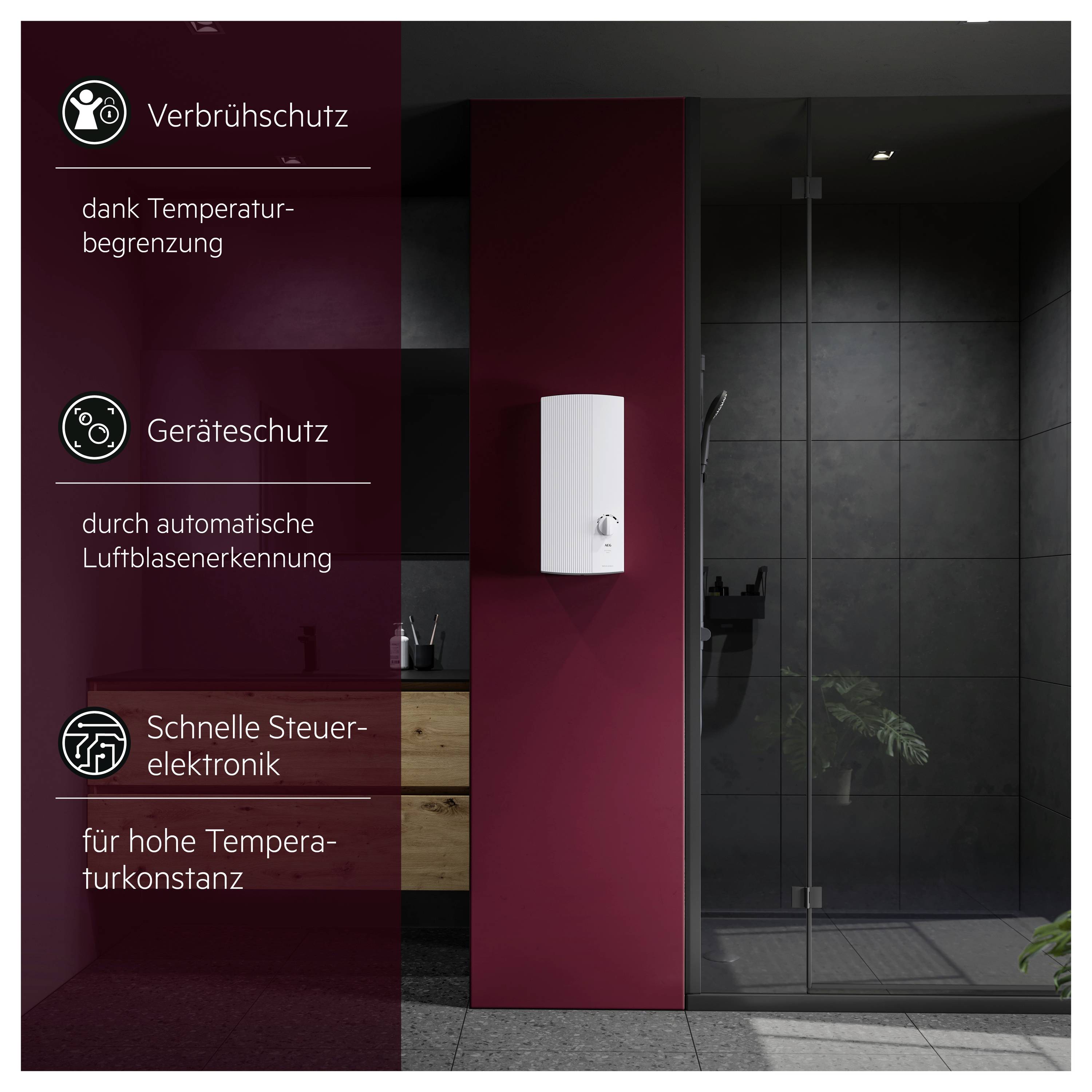 Badezimmer-Wandgerät vor roter Akzentwand; links drei Hinweise: Verbrennungsschutz durch Temperaturbegrenzung, Geräteschutz durch automatische Luftblasenerkennung, schnelle Steuerelektronik für hohe Temperaturkonstanz.