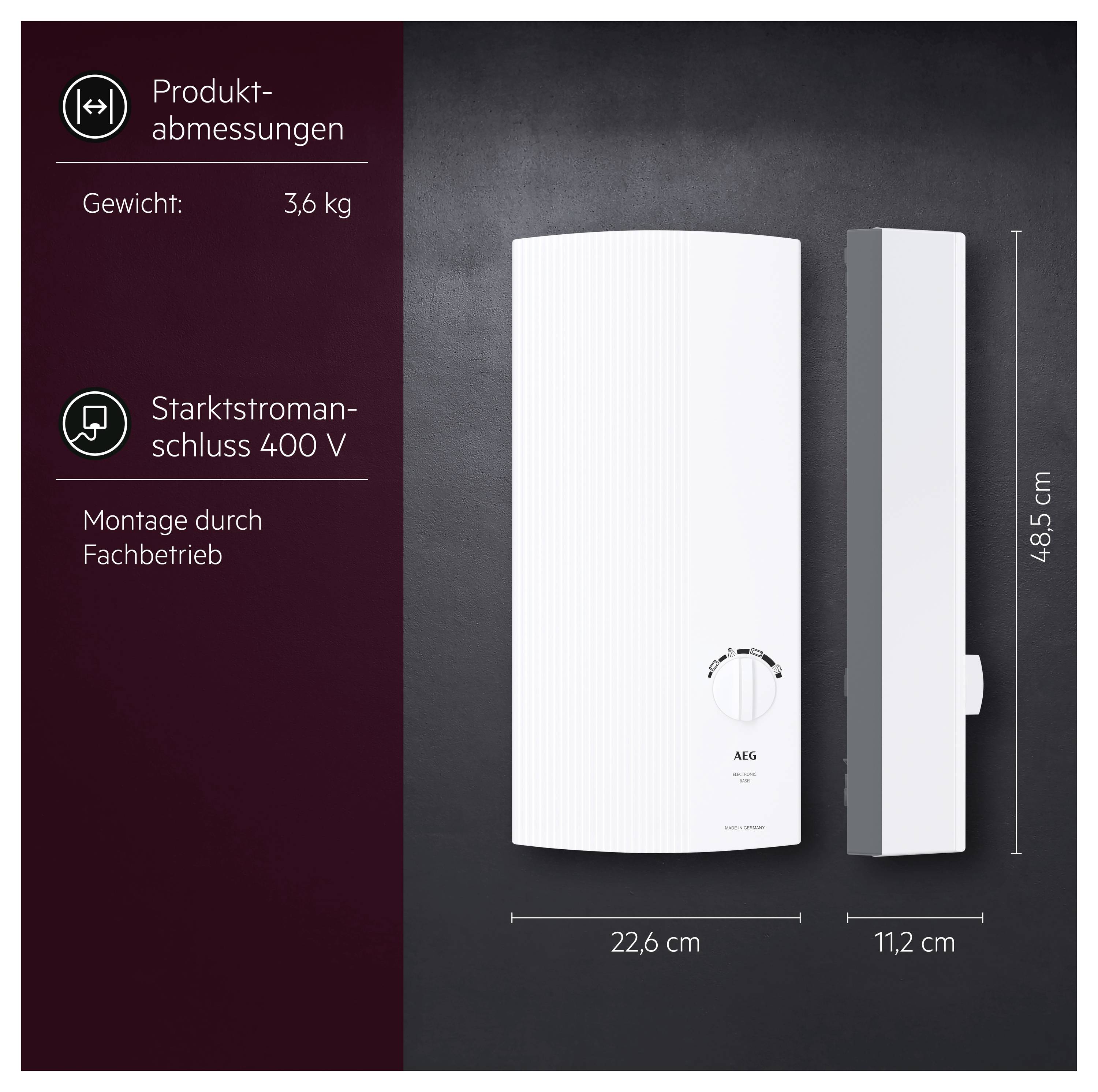 Infografik zu Produktabmessungen eines AEG-Geräts: Höhe 48,5 cm, Breite 22,6 cm, Tiefe 11,2 cm; Gewicht 3,6 kg, 400-V-Anschluss, Montage durch Fachbetrieb.