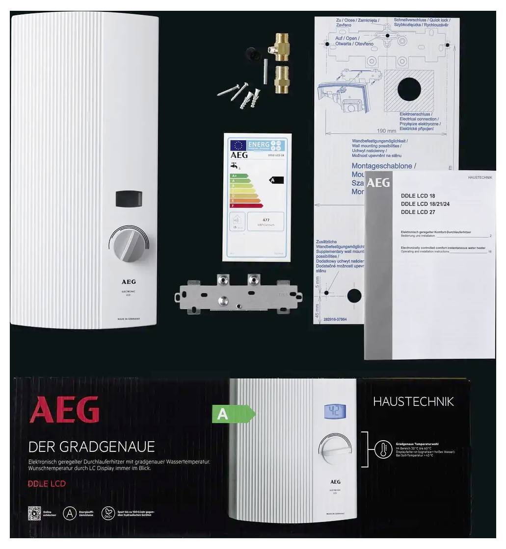 Ein AEG-Warmwasserspeicher mit Zubehör, einschließlich Schrauben, einer Halterung, einem Energielabel und einer Bedienungsanleitung. Die Verpackung zeigt das Modell „DDLE LCD" und die Energieeffizienz „A".