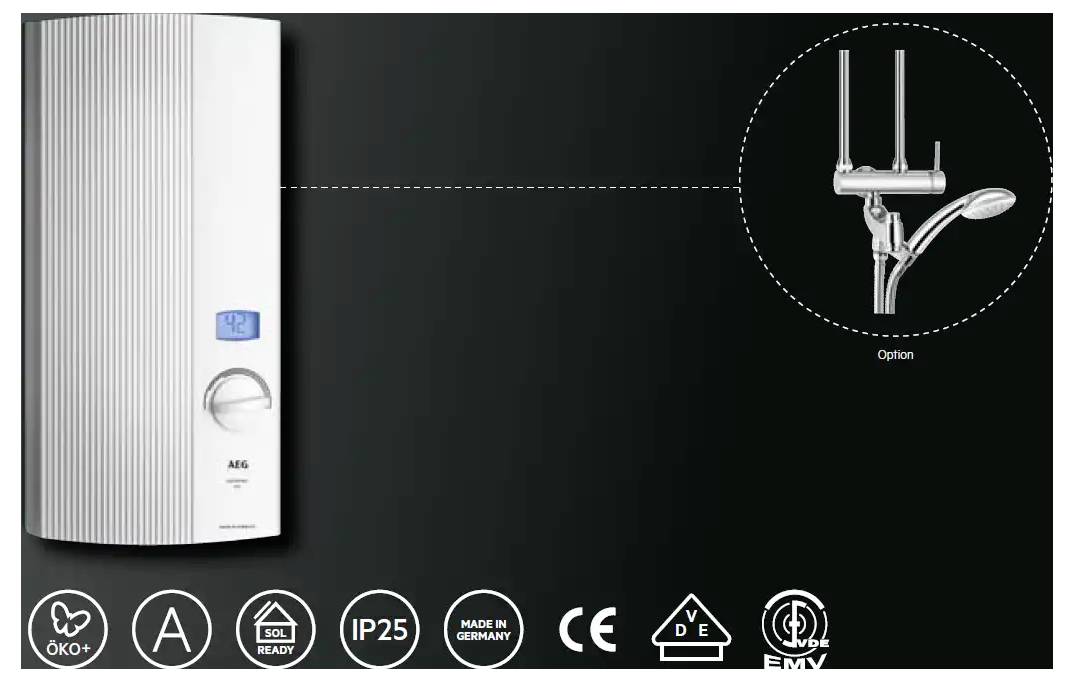 Ein Elektroboiler mit Bedienfeld wird angezeigt. Rechts erscheint eine Duschkopf-Option. Verschiedene Zertifizierungssymbole sind unten angebracht.
