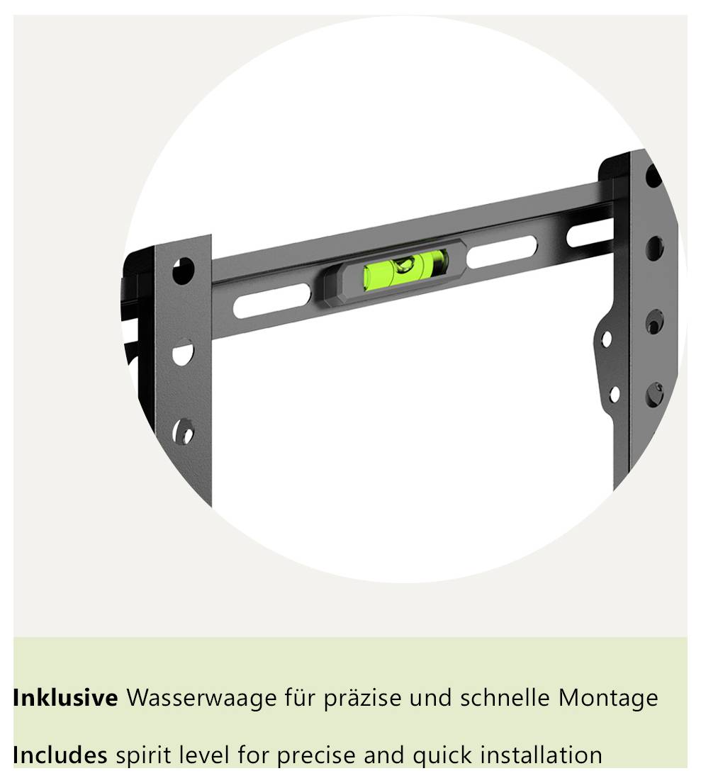 Wandhalterung mit eingebautem Wasserwaage zur Gewährleistung einer präzisen und schnellen Installation.