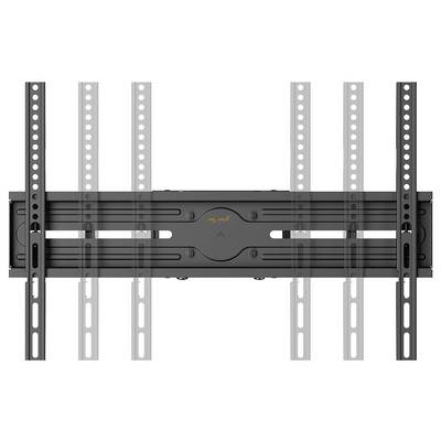 Eine schwarze TV-Wandhalterung mit verstellbaren Halterungen und mehreren Löchern für Flexibilität bei der Installation, von hinten betrachtet.