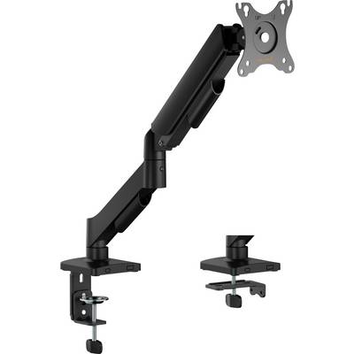 Verstellbarer Monitorarm mit Klemmfuß, in Schwarz dargestellt, ausgelegt zum Halten und Positionieren eines Computerbildschirms auf einem Schreibtisch.