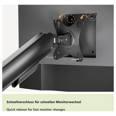 Schnellwechselhalterung an einem Monitorarm, konstruiert für einfache und schnelle Monitorwechsel, dargestellt befestigt an der Rückseite eines Monitors.