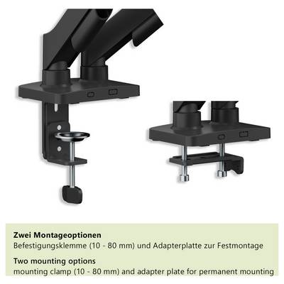 Zwei Montagemöglichkeiten: Montageklammer (10 - 80 mm) und Adapterplatte zur Dauermontage.