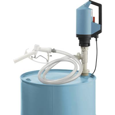 Eine blaue Trommel mit einer angebrachten elektrischen Pumpe und einem Schlauch, die zum Abfüllen von Flüssigkeiten konzipiert ist. Die Pumpe ist auf der Oberseite der Trommel montiert.