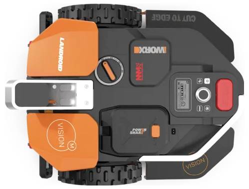 Draufsicht eines autonomen Rasenmähers mit orange-schwarzem Design, das Räder, Bedienfeld und Markierungen "CUT TO EDGE" und "VISION" zeigt.