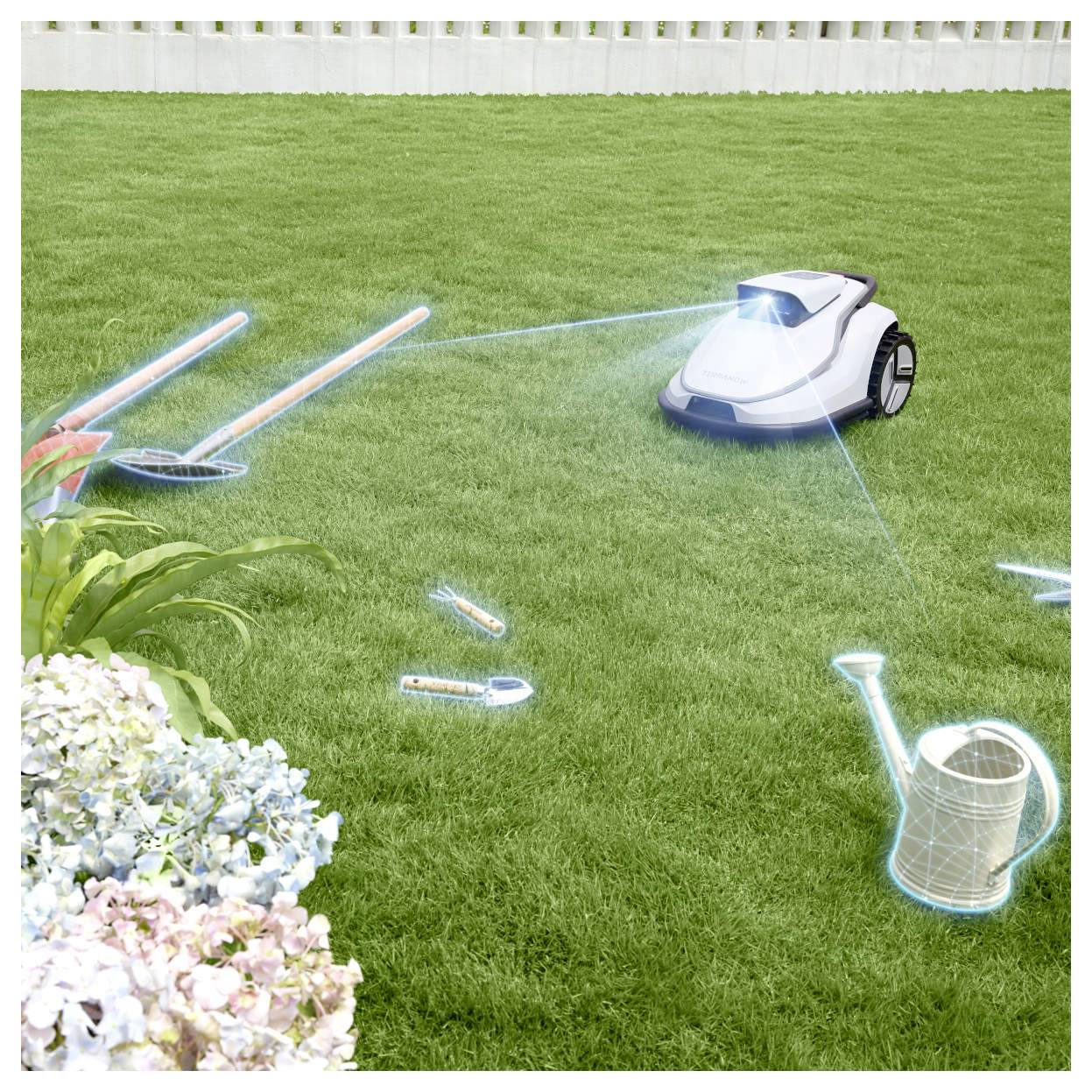 Ein robotischer Rasenmäher navigiert durch einen Garten, umgeben von holografischen Gartengeräten und Pflanzen, was auf die Nutzung von intelligenter Technologie hinweist.