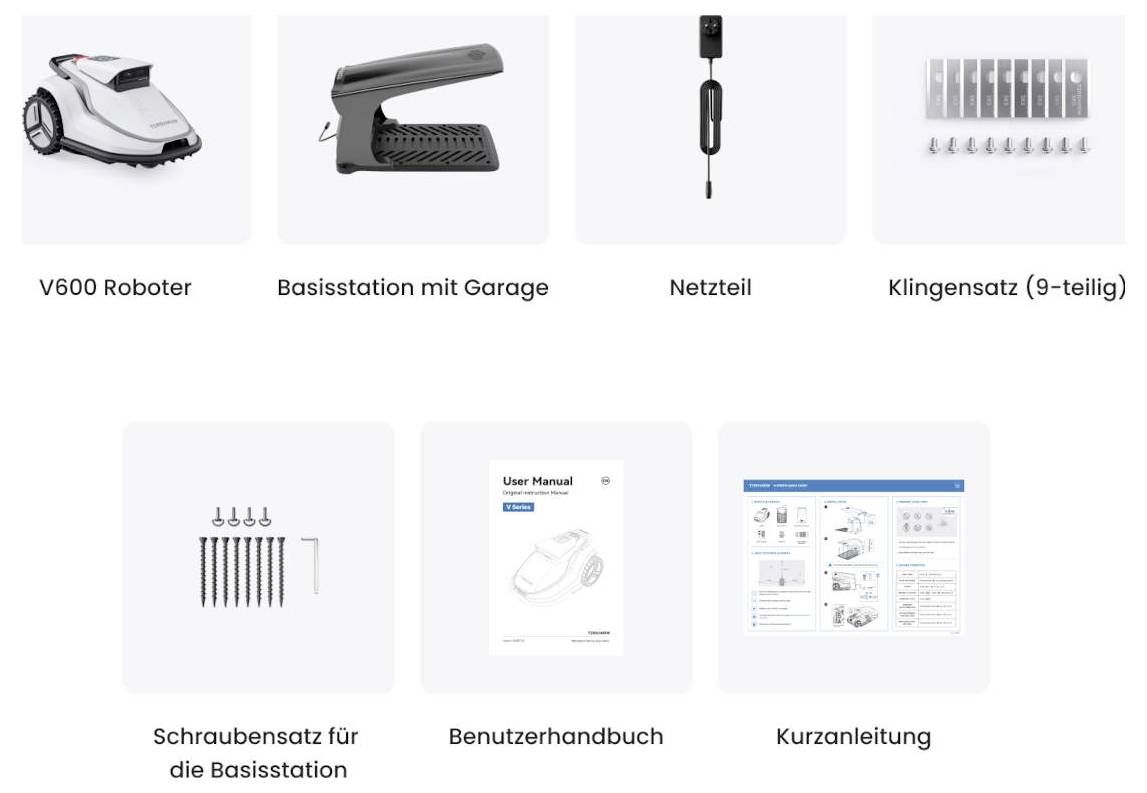 'Ein V600 Roboter-Rasenmäher mit Basisstation, Netzteil, Klingensatz, Schraubensatz, Benutzerhandbuch und Kurzanleitung abgebildet.'