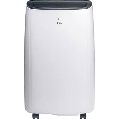 Eine weiße, tragbare Klimaanlage mit digitalem Display oben und Rädern an der Basis für einfache Mobilität, Marke "TCL".