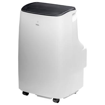 Eine weiße tragbare Klimaanlage mit schwarzer Oberseite und vier Rädern, Marke „TCL".