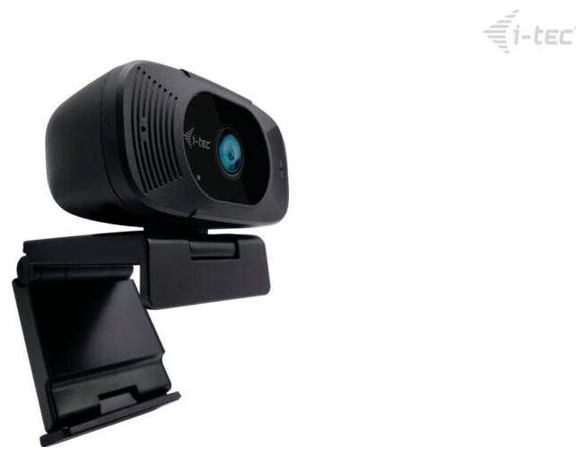 Eine schwarze i-tec Webcam mit eingebautem Mikrofon wird auf weißem Hintergrund gezeigt, entworfen für Computer- und Videokommunikation.