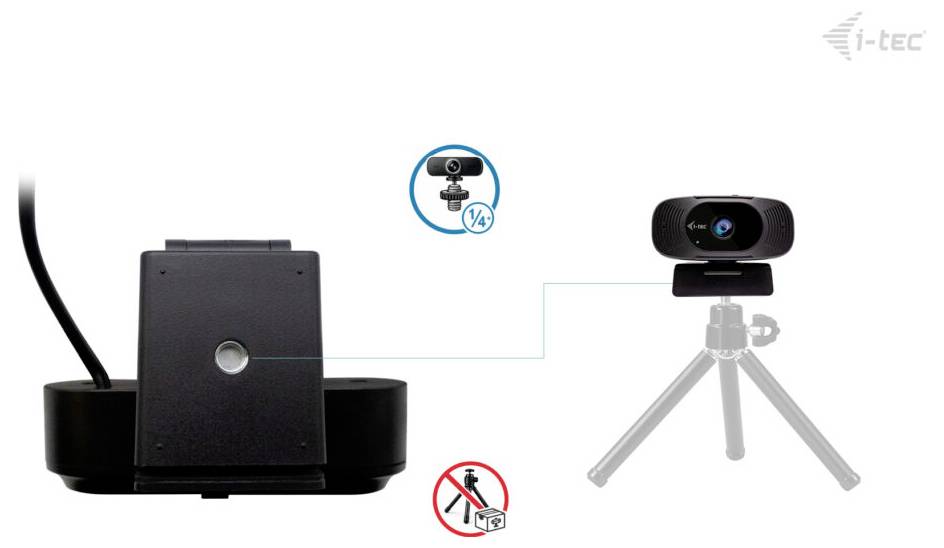 Das Bild zeigt eine Webcam auf einem Stativ mit einem Häkchen, das die Kompatibilität mit der Webcam-Halterung auf der linken Seite anzeigt. Darunter ist ein Symbol "Kein Stativ" dargestellt.