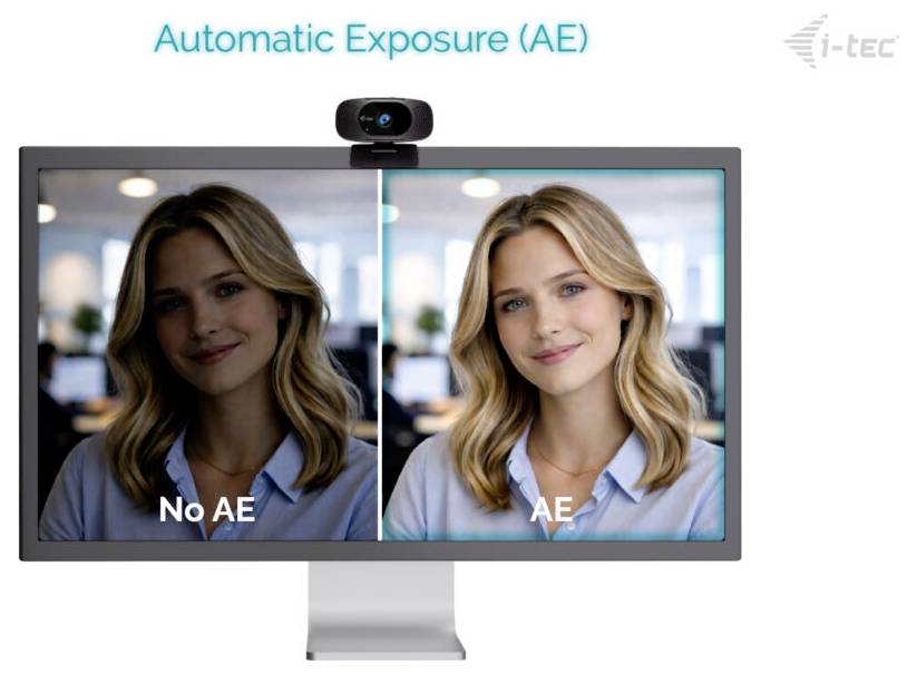 Ein Computermonitor zeigt ein geteiltes Bild einer Frau, die in einem Büro sitzt. Die linke Seite ist dunkel mit der Bezeichnung „No AE"; die rechte Seite ist hell mit der Bezeichnung „AE".