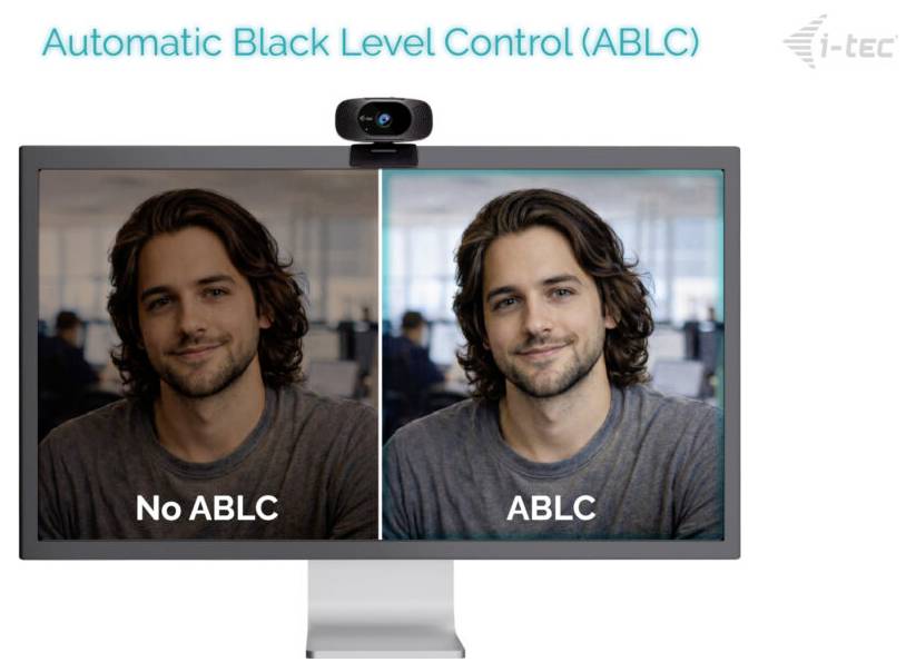 Monitor zeigt zwei nebeneinander angeordnete Bilder einer Person in einem Büro. Links: beschriftet mit „Keine ABLC", dunklere Beleuchtung. Rechts: beschriftet mit „ABLC", hellere Beleuchtung. Zeigt die Wirkung der automatischen Schwarzwertregelung.