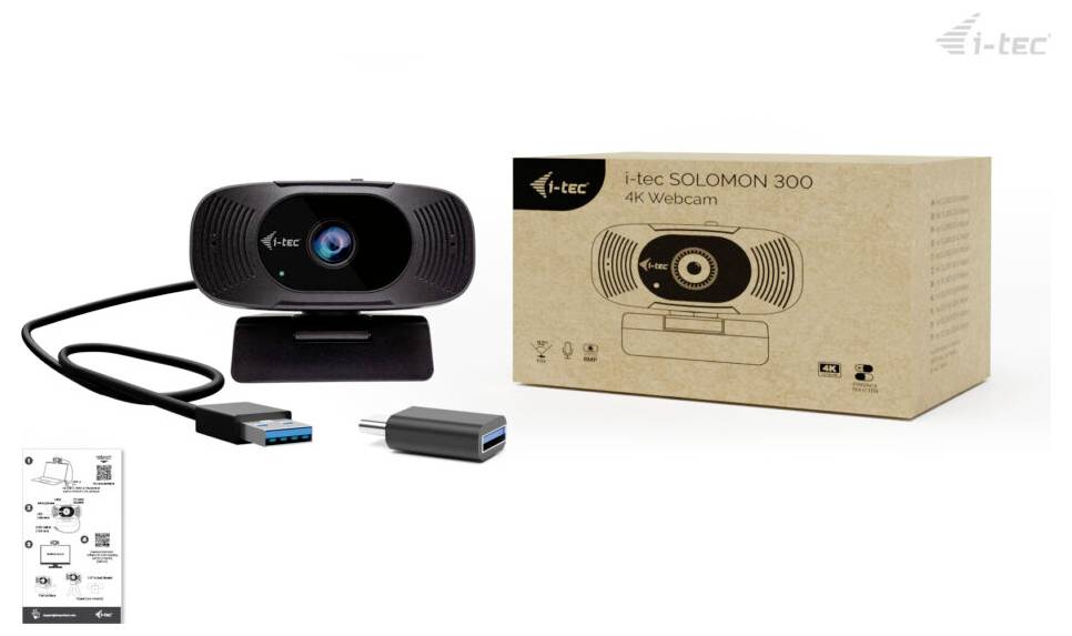 Eine schwarze Webcam mit der Bezeichnung „i-tec SOLOMON 300 4K Webcam" wird neben ihrer Verpackung mit Branding und Funktionen gezeigt. Ein USB-Kabel und ein Adapter sind enthalten.
