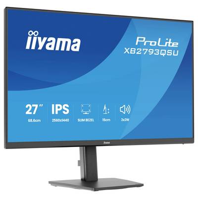 Monitor mit Anzeige 'iiyama ProLite XB2793QSU', mit 27-Zoll-Bildschirm, 2560x1440 Auflösung, schmalen Rahmen und 2x2W Lautsprechern.