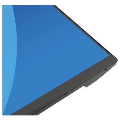 Rand eines Computerbildschirms mit einem blauen Bildschirm und einem gekrümmten Designelement. Der Monitor hat einen eleganten, modernen Rahmen.