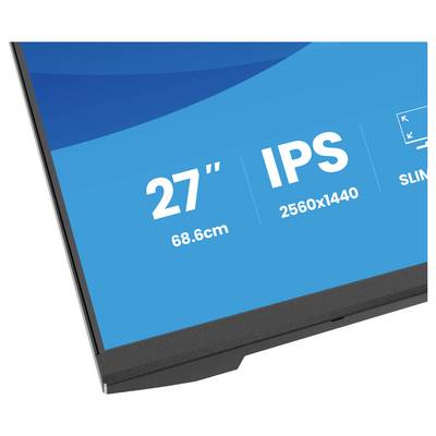 Iiyama ProLite XB2797QSU Monitor mit folgenden Spezifikationen: 27" IPS-Display, 2560x1440 Auflösung, schmaler Rahmen, 15 cm Verstellung, 2x2W Lautsprecher.