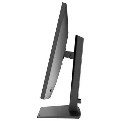 Seitenansicht eines eleganten schwarzen Monitors mit schlankem Profil auf einem stabilen Ständer, wobei das moderne Design hervorgehoben wird.