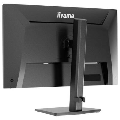 Das Bild zeigt die Rückseite eines Iiyama-Monitors mit einem stabilen, verstellbaren Ständer und einer Kabelführungsfunktion, die für ergonomische Nutzung konzipiert ist.