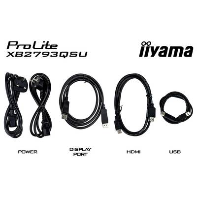 Kabel für "iiyama ProLite XB2793QSU" einschließlich Stromversorgung, Display Port, HDMI und USB werden angezeigt.